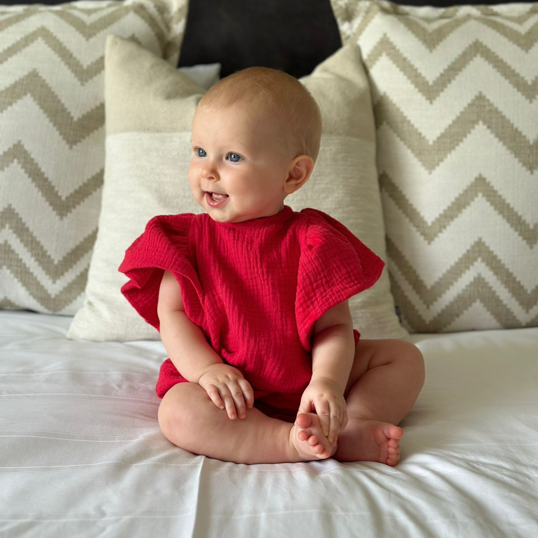 Baby Muslin Flutter Sleeve Romper (In Stock) - Red