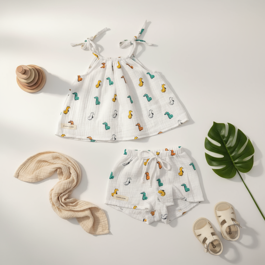 White Dino Muslin Set – Two-Piece Summer Outfit