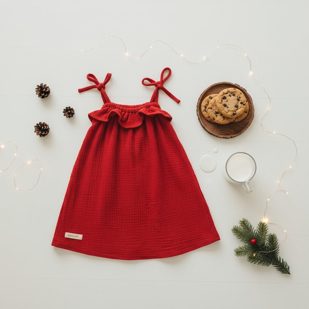 Christmas Muslin Tie Top Frill Dress
