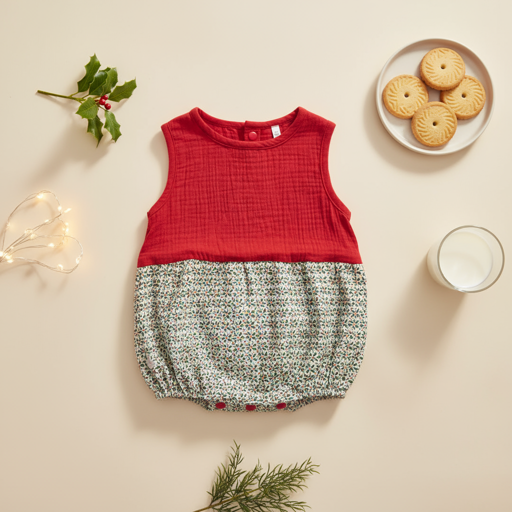 Red Muslin & Holly Pattern Bubble Romper
