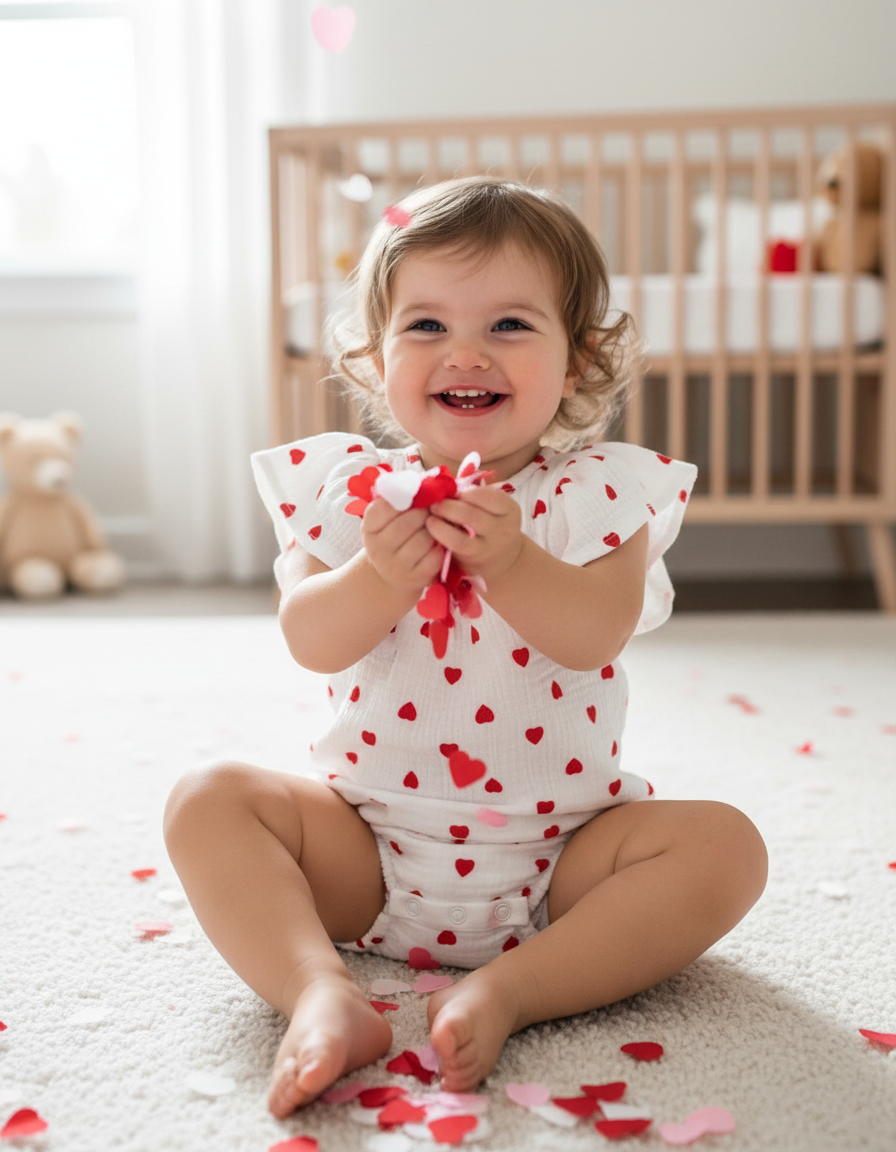 Baby Muslin Flutter Sleeve Romper - White + Hearts Valentines Day