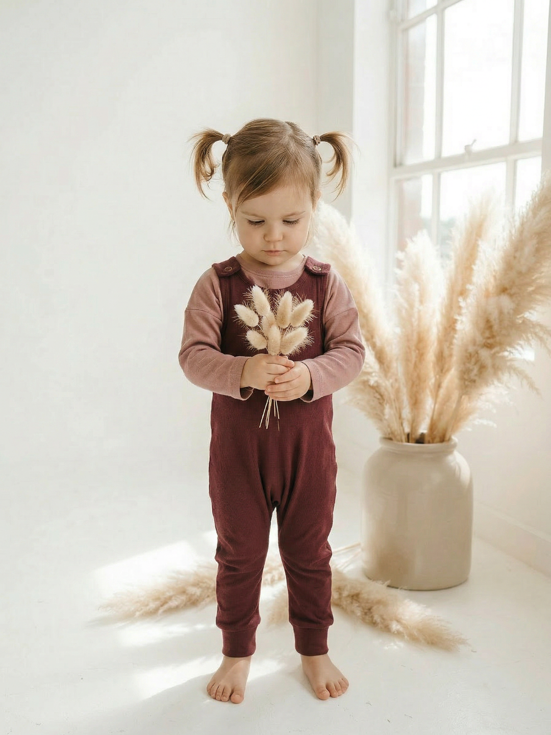 Toddler + Kids - Solid Cotton Harem Romper + Long Sleeve Tee Set