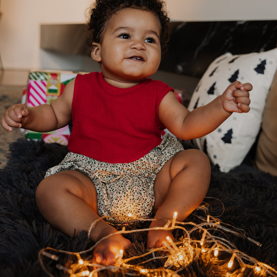 Baby Christmas Red Muslin + Holly Romper