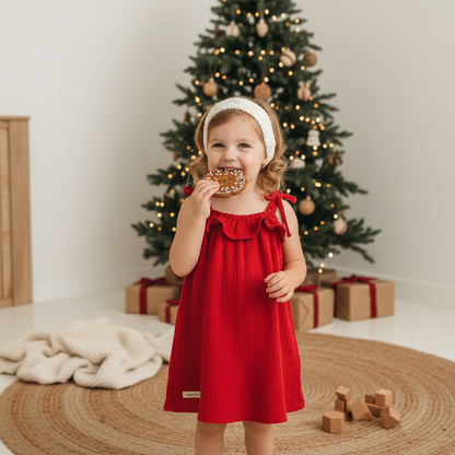 Christmas Muslin Tie Top Frill Dress