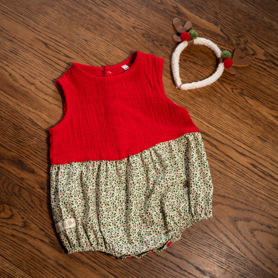 Baby Christmas Red Muslin + Holly Romper