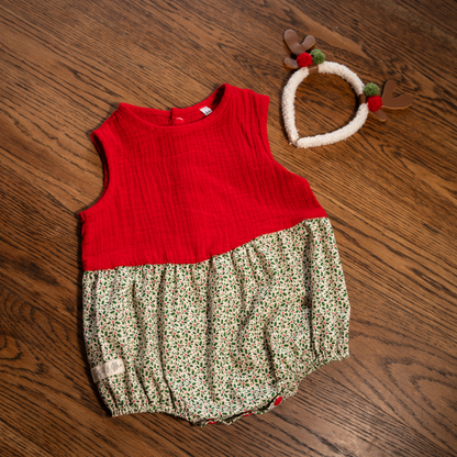 Baby Christmas Red Muslin + Holly Romper