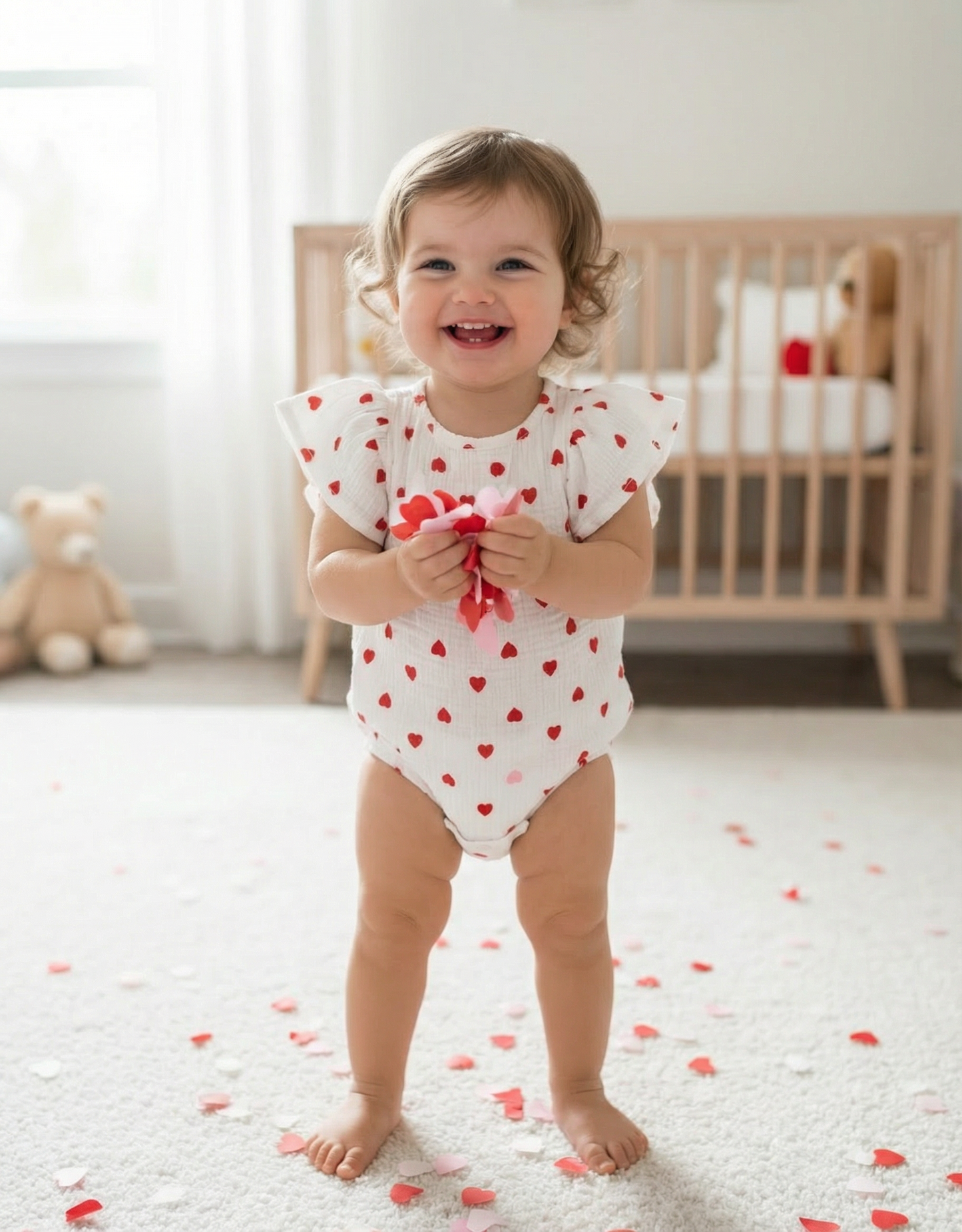 Baby Muslin Flutter Sleeve Romper - White + Hearts Valentines Day