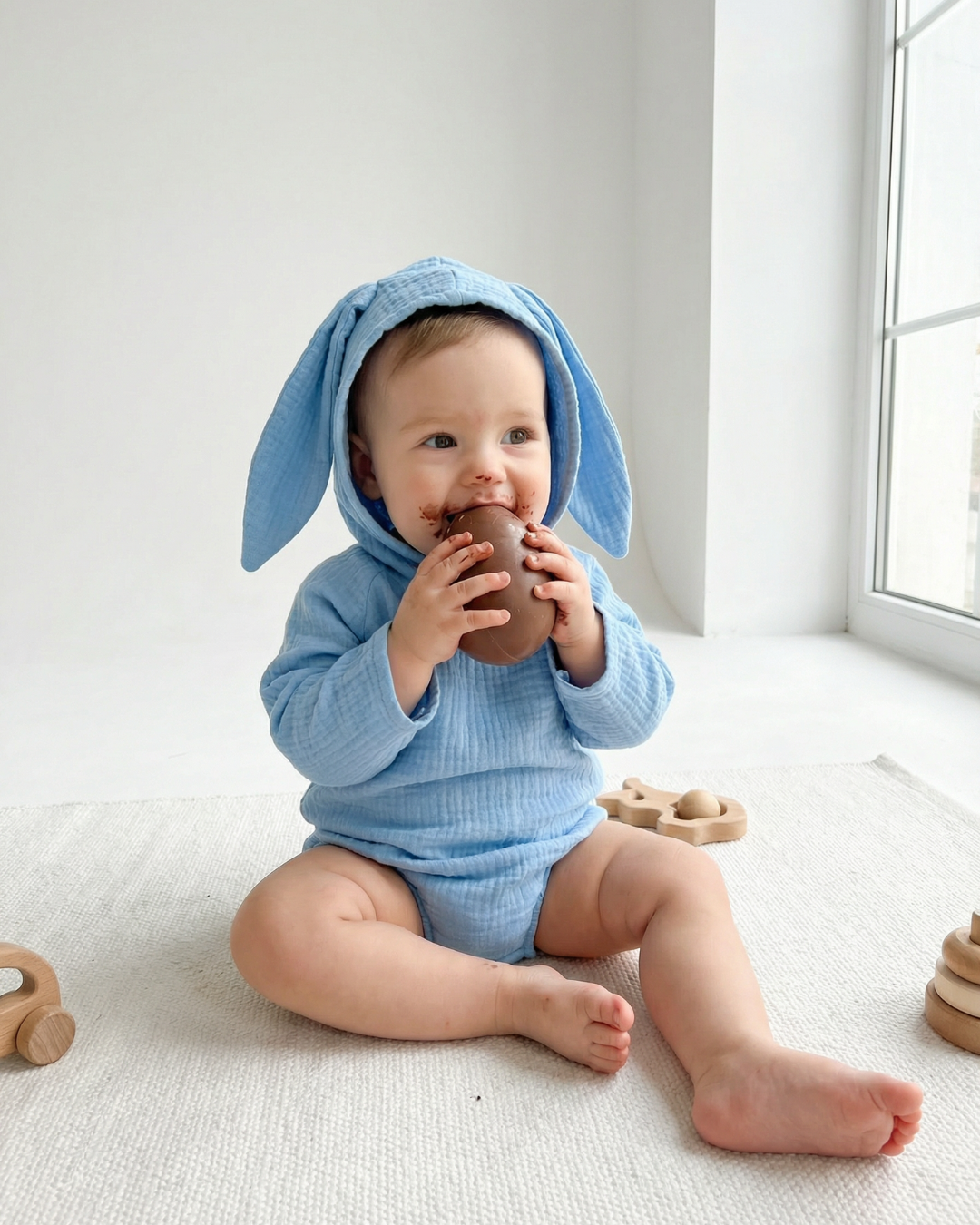 Hooded Easter Bunny Muslin Romper Long Sleeve