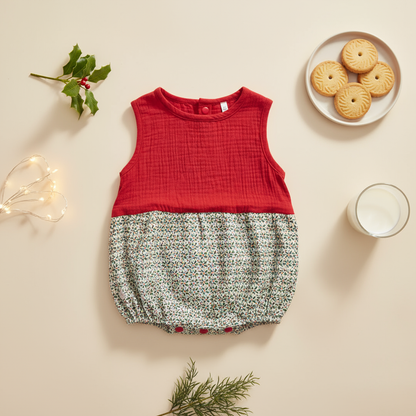 Red Muslin & Holly Pattern Bubble Romper